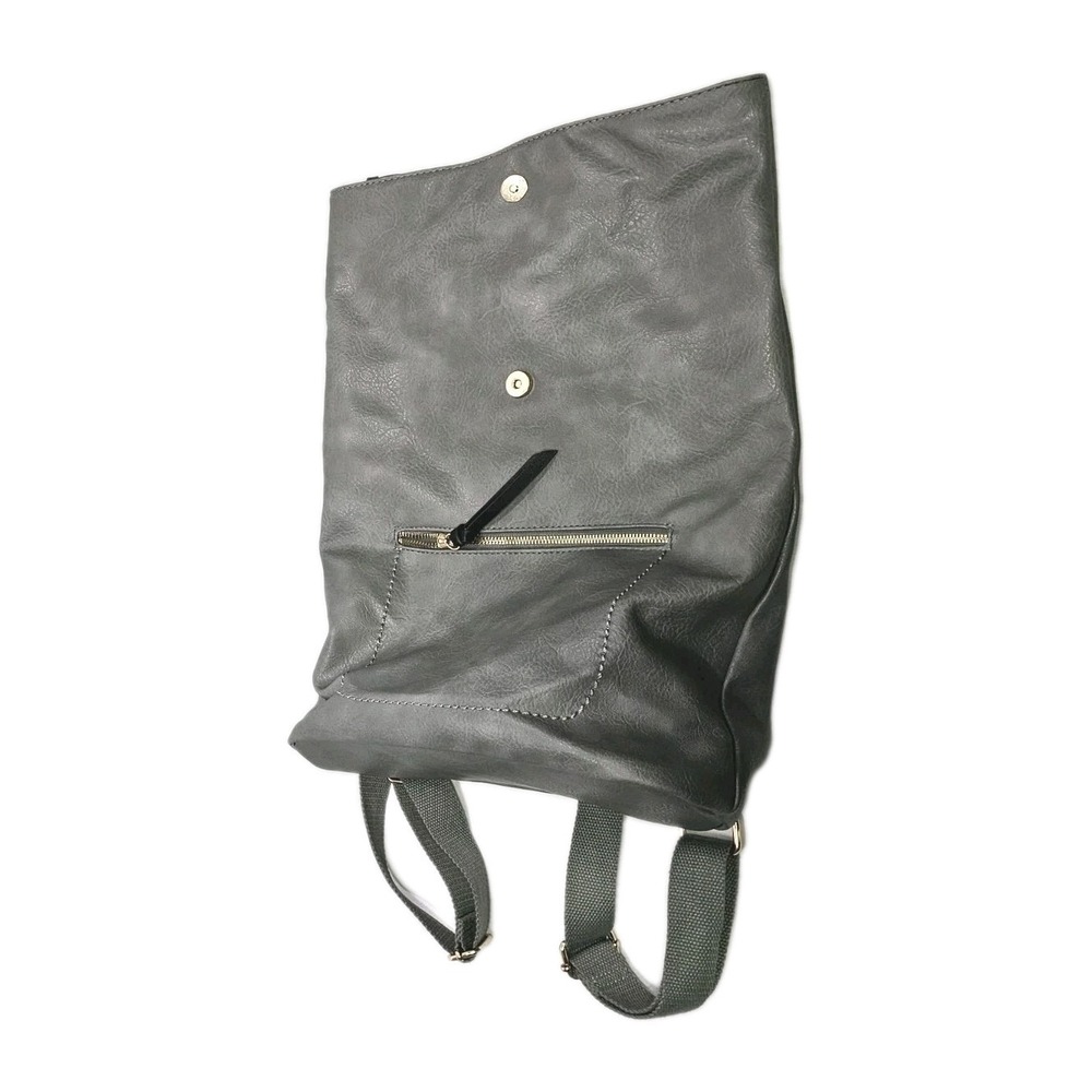 Grey Faux Leather Fold Over Bucket Shoulder Convertible Backpack Purse 6 Pocket - Picture 4 of 10